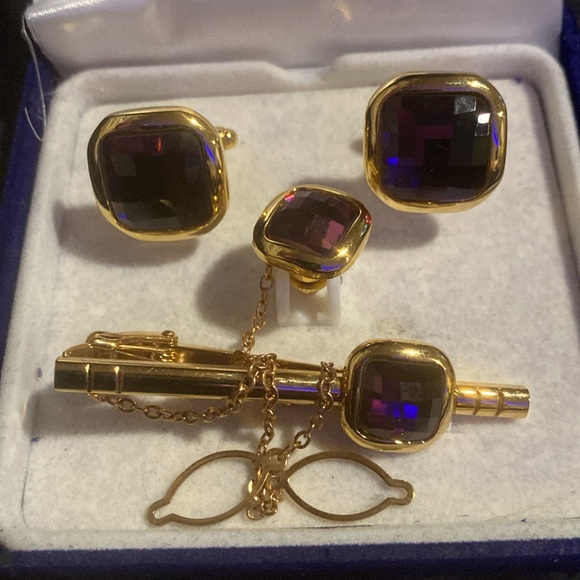 Men's Fratello amethyst Cufflinks, Tie Bar, Tie Pin Combo Set - Picture 2 of 4